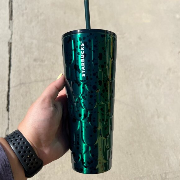 Starbucks Venti Shiny Green with black paint drops Tumbler Cold Cup - NWT